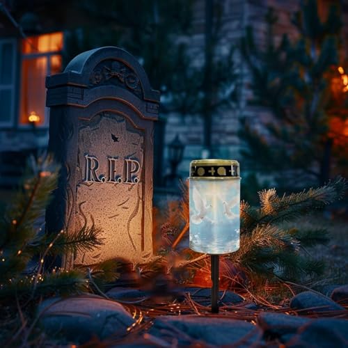 Image of Poceacles Dove of Peace Cross Daisy Print Blue Solar Lights Outdoor Waterproof Cemetery Solar Outdoor Candle Grave Decoration Votive Candles Blessed Lights for Loss of Loves One, 2 Pieces