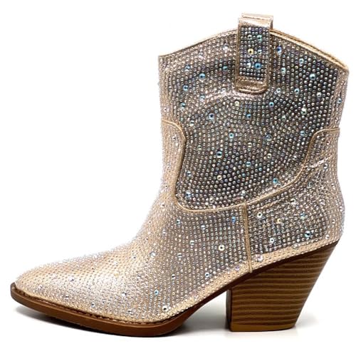 Forever Women's Rhinestone Block Heel Ankle Boots River-01 Champagne 8.5
