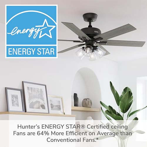 Image of Hunter Fonthill Indoor Ceiling Fan With Light, Remote, 52-inch, Fresh White, Fast Install, 6-speeds (Matte Black)