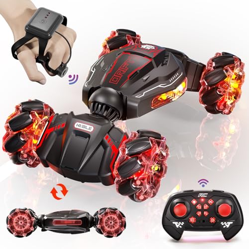 Uregoio Remote Control Car, 2.4GHz 4WD Gesture Sensing RC Stunt Car, Drift Hand Controlled Twist Cars with Light & Music, Cool Birthday Gifts for Kids Boys Toy Age 6 7 8 9 10 11 12 Years Old(Red)