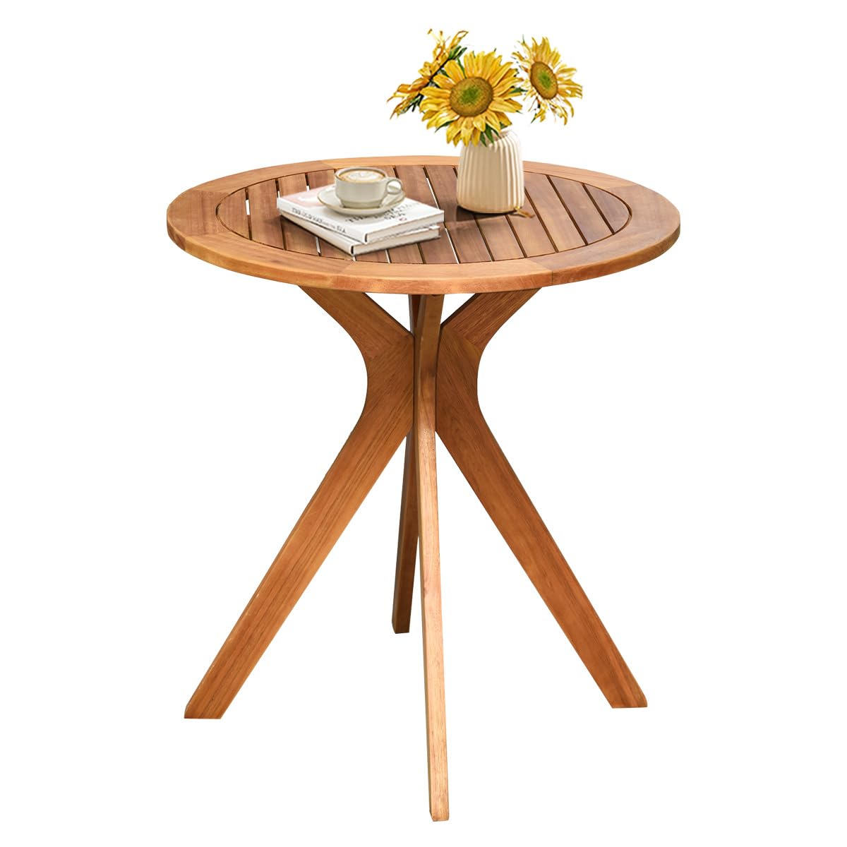 KOMFOTTEU Table de Jardin en Bois d'eucalyptus, Table d'Appoint Ronde Ø70 cm, Charge 75 kg, Petite Table Basse avec Base en X Hauteur de 76 cm, pour Terrasse, Patio, Balcon, Naturel