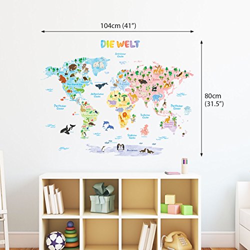 DECOWALL DAT-1615SDE Weltkarte Tierweltkarte Tiere Wandtattoo Wandsticker Wandaufkleber Wanddeko für Wohnzimmer Schlafzimmer Kinderzimmer (Groß) (Deutsche Ver.)