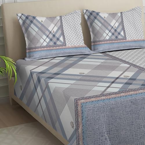 Image of Signature Digital Print Geometric Designs Super King Size Bedsheet - 108 x 108 inches | 100% Cotton-Feel Soft Fabric | Fade-Resistant Colors | 2 Matching Pillow Covers (Urban Harmony)