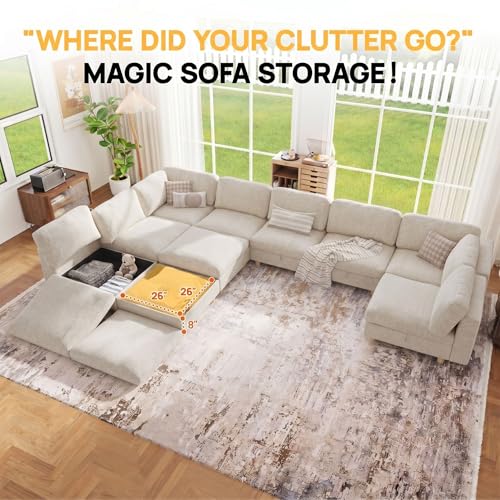 Image of 157 inch Modular Sectional Sleeper Sofa, 10 Seaters Chenille Modular Sectional Sofas, Sleeper Sofa Bed with Storage & Ottoman, Sleeper Couch with Removable Covers, Beige Sectional Couches for Living Room