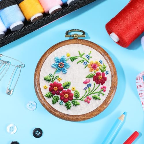 Image of 10 Pcs Round Embroidery Hoops Frame, Adjustable Circle Embroidery Hoop Ring, Circle Rubber Hoops Ring Display Ornament Imitated Wood Frame Kits for Craft Sewing DIY Hanging Gifts