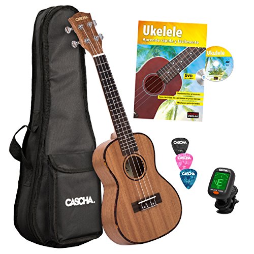 CASCHA HH 2036 ES Ukelele Concierto, Caoba, Bundle con Curso de Ukelele, Afinador, Bolsa Acolchada, 3 Púas y Cuerdas de Aquila