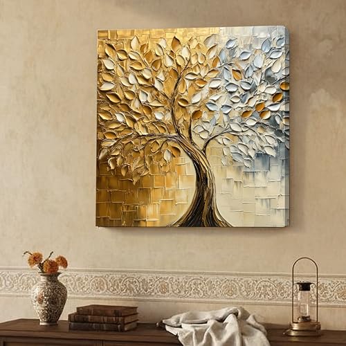 Image of PAINTINGMANTRA Abstract Tree Canvas Stretched Canvas Painting for Living Room | Modern Nature Artwork Wall Decor Art For Livingroom, Bedroom, Office, Hallways - 22x22 Inch
