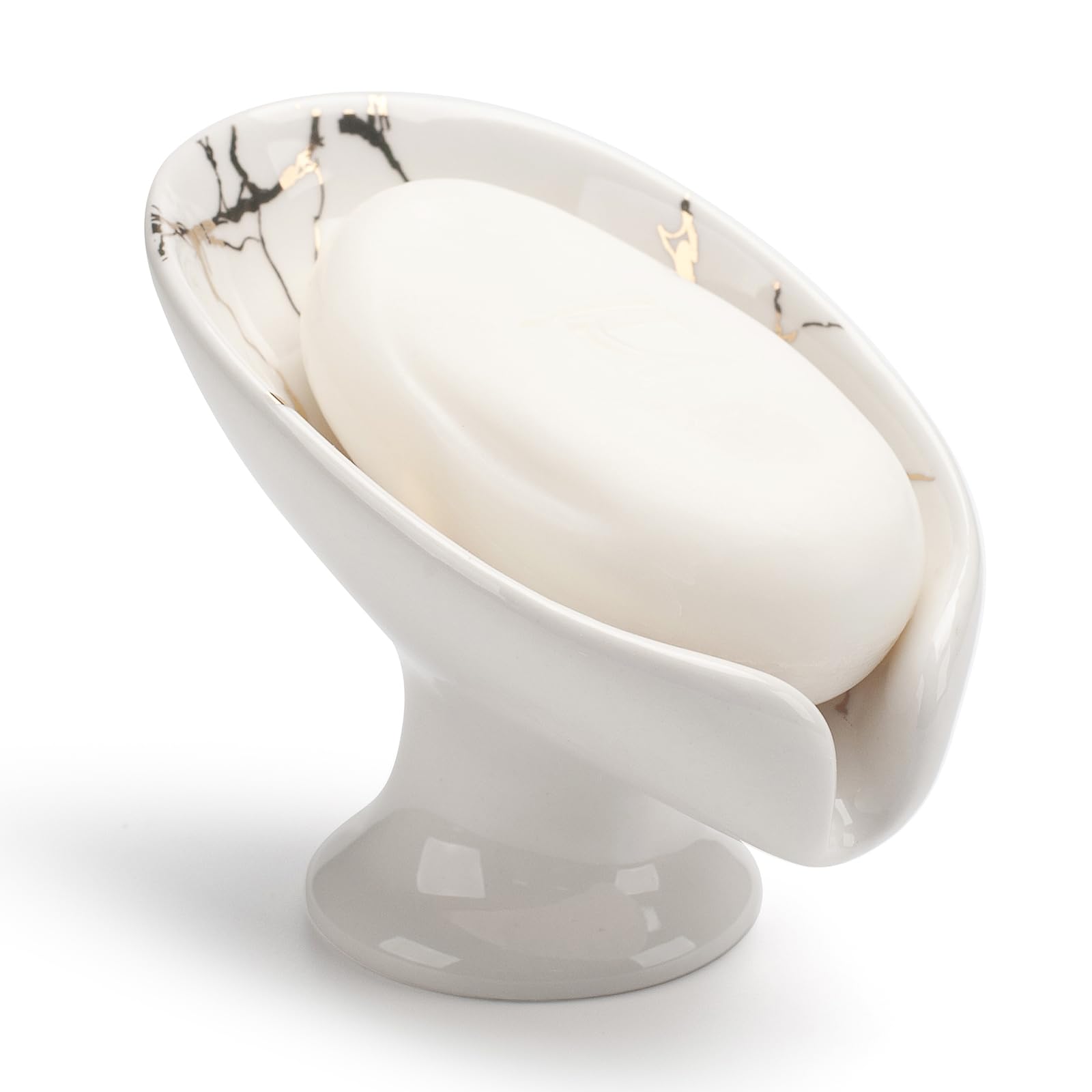 Soap Dish, Ceramic Soap Holder, Self Draining Soap Dish Holder, Leaf Shape Soap Bar Holder Soap Saver for Bathroom, Shower, Kitchen Sink (White)