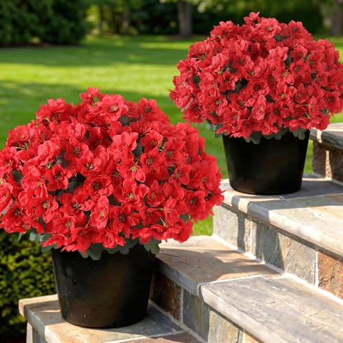 YXZZWL Set of 2 Artificial Azalea Flower Topiary Trees - Fake Silk Flower Potted Plants, Sun-Resistant Faux Outdoor Azalea Bushes for Front Door, Garden, Yard, Farmhouse Decor (Red)