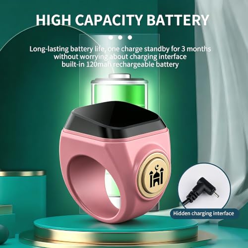 Image of Smart Tasbih Zikr Ring,22mm(13) Muslim Digital Azan Alarm Clock,APP Support Digital Counter Prayer Reminder Rings, Waterproof 4 Digit Finger Counter zikr Ring for Muslims(Pink)