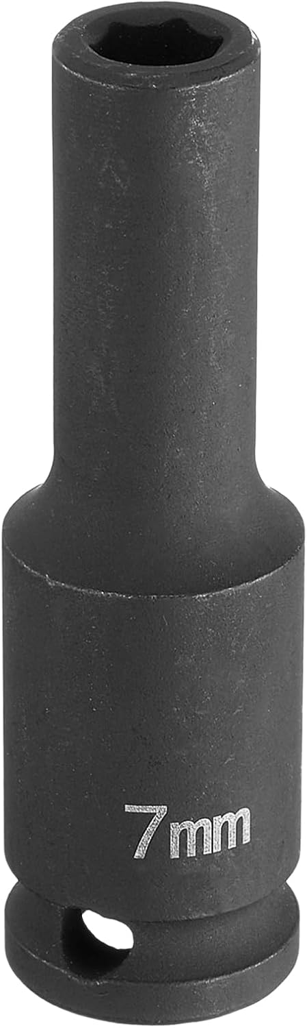 HARFINGTON Deep Impact Socket 3/8" Square Drive by 7mm Metric 6 Point Socket 65mm (2.56") Long CR-MO Steel Industrial Grade Flip Socket for Home Auto Hex Nuts Bolts Repair, Black