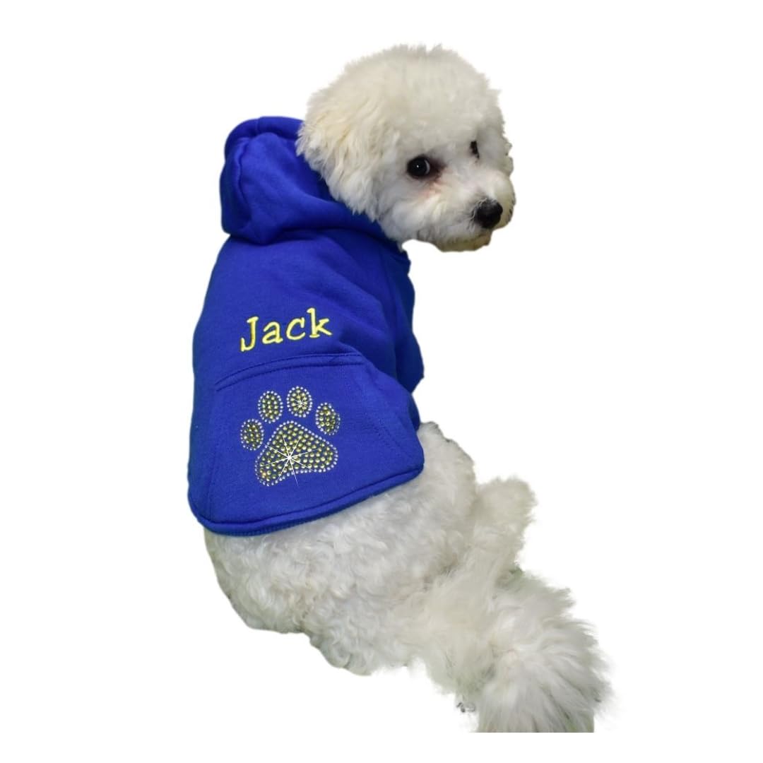 Customizable Dog Hoodie with Rhinestone Bling Sparkle Paw Print and Custom Embroidered Name Options, Cute Pet Clothes for Small Dogs Made in America USA (Small, Blue)