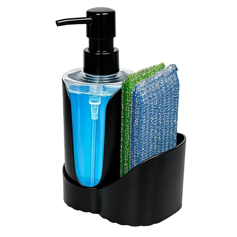 Dispensador Jabon Cocina y 2 Estropajos Antirayaduras | 3 en 1 | 450ml | Jabonera Cocina con Uso de Una Mano y Soporte para Estropajo | Dispensador de Jabon para Encimera Cocina (Negro)