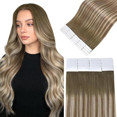 Image of Easyouth Human Hair Extensions Tape in Balayage 20In Tape in Hair Extension Human Hair Dark Brown Ombre Brown Mix Blonde, Blend Seamlessly with Your Own Hair, Soft Hair Extension Tape in 20pcs 50g