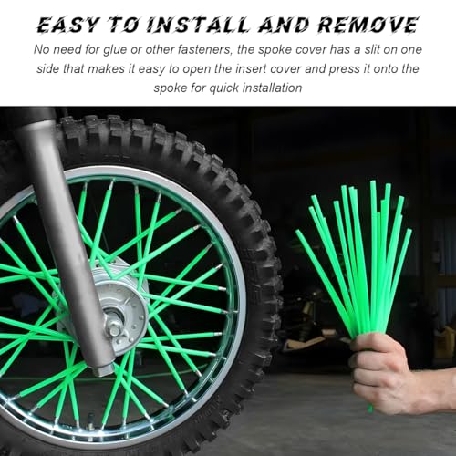 Image of 72PCS Dirt Bike Spoke Covers, Motorcycle Spoke Skins Wheel Wraps Pipe for 8 inch-21 inch Rims, Dustproof Wheelchair Rim Decoration Protector Pipe Trim for Bicycle Dirt Pit Bike (Green)
