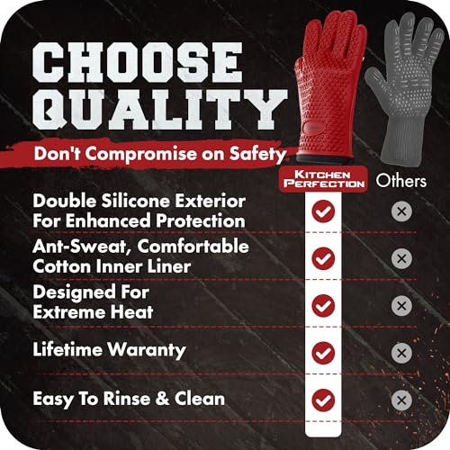 Image of KITCHEN PERFECTION XL Silicone Smoker Oven Gloves-Extreme Heat Resistant BBQ Gloves-Handle Hot Food Right on Your Grill Fryer&Pit|Waterproof Grilling Cooking Baking Mitts|Superior Value Set+3 Bonuses