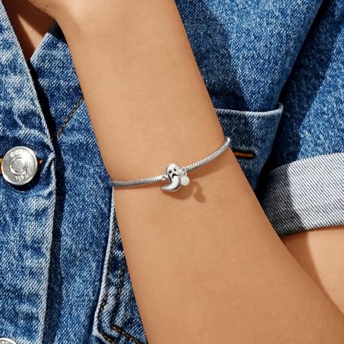 GNOCE Glow-in-the-Dark Ghost Charm Sterling Silver Bead Halloween Charm Fit Bracelet/Necklace for Women Wife/Jewelry Gift4