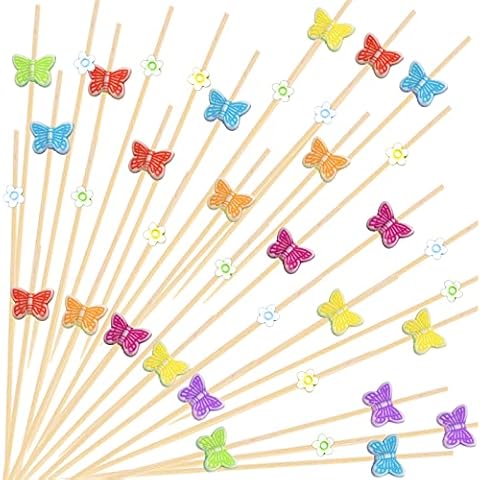 400PCS Disposable Butterfly Cocktail Picks Handmade Toothpicks Bamboo Skewers for Appetizer Fruit Sandwiches, 4.7 Inch Food Picks Toothpicks for Summer Hawaiian Party Luau Beach Holiday Cover