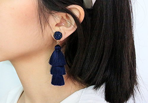 Navy Blue 3 Tier Tassel Earrings Birthstone Studs Dark Blue Dangle Earrings For Women Girls Bohemian Big Fringe Drop Earring Hypoallergenic Purplish Blue Ear Jewelry #TOP5