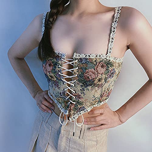Women Lace Retro Corset Bustier Tie Up Front Vintage Floral Print Crop Lingerie Embroidery Overbust Corset Top (Multicolor, X-Large) #TOP1