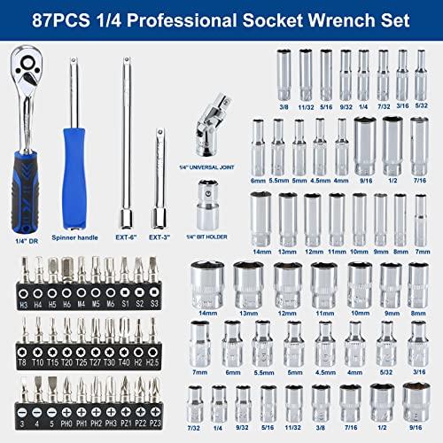 Image of SORAKO 87-Piece Drive Socket Wrench Set, 1 /4-Inch Drive, Chrome Vanadium Steel, Includes 72 Tooth Ratchet, Sockets, Case