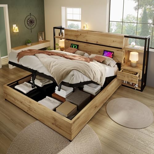 Sapgaks Lit 160x200 avec Sommier USB C et 2 Tables de Chevet Tiroirs, Lit Coffre 160x200 avec...