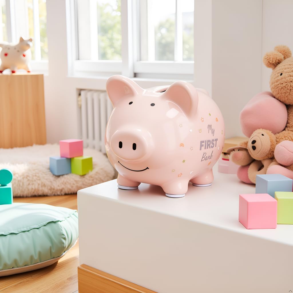 Kate & Milo My First Mini Ceramic Piggy Bank, Pink Rainbows and Stars image 3