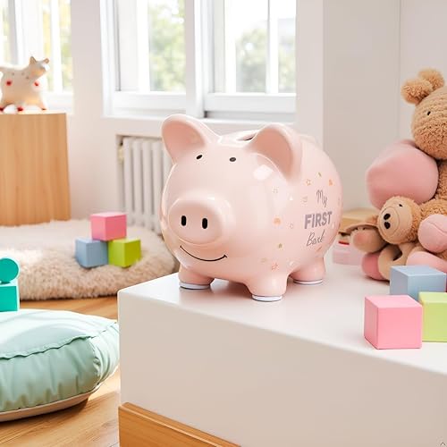 Miniatura 5 de Kate & Milo Mini alcancía de cerámica, decoración de guardería para recién nacidos, regalo de recuerdo para niña, My First Bank, arcoíris rosa y