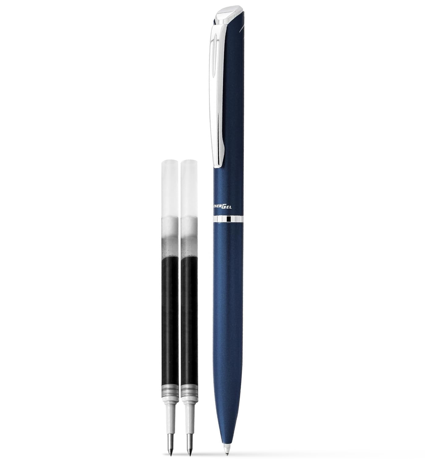 Pentel Energel Style Alloy Pen With 2 Refills - 0.7mm - Twist Action Refillable Rollerball Gel Pen - Navy Barrel