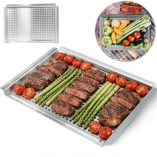 guogiyala Grill pan Grill topper for outdoor grill with hole 17.7 * 12.6 Cooking Surface Stainless steel grill pan for Gas Grill camping or party (larger)