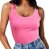 HOOKLZO Ribbed Tank Top for Women Summer Fitted Basic Cami Sleeveless Tops Scoop Neck Shirt S Pink