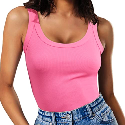 Hooklzo Ribbed Tank Top For Women Summer Fitted Basic Cami Sleeveless Tops Scoop Neck Shirt S Pink #TOP24