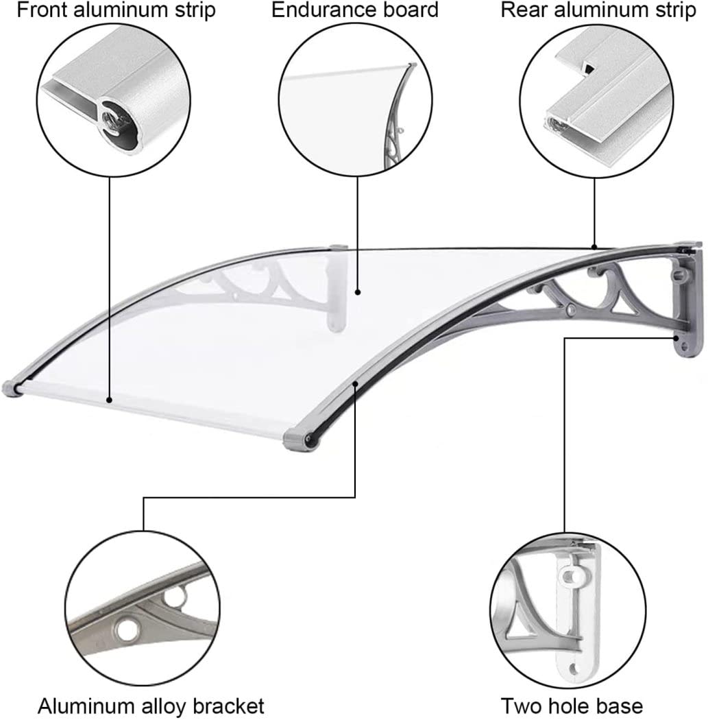 Generic Okno drzwi Zewnętrzny zakrzywiony baldachim Puste arkusze poliwęglanu Pokrywa UV Deszcz Ochrona przed śniegiem Wspornik ze stopu aluminium,Gray,200X80CM