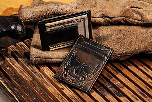 House of Jack Co. Skull Slim Money Clip Wallet for Men, Front Pocket Wallet with Strong Magnet, Full Grain Cowhide Card Holder Wallet, Black2