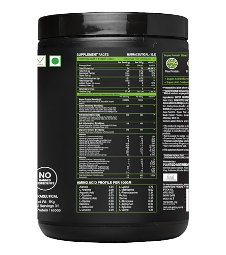 Image of Plantigo Plant Protein Powder 1kg Vanilla Flavoured for Women & Men | 24g Protein, 4.4g BCAA, 2g Leucine, All Amino Acids, 4X Fast Digestion, No Sugar, No Preservative | Clean Pea Protein Powder