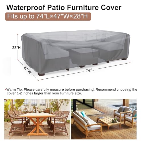 Image of Mrrihand Outdoor Patio Furniture Covers Waterproof 74 inchLx47 inchWx28 inchH Grey | All Weather Protection Against Rain, Dust & UV Rays; Fits Dining Table & Chair or Sectional Set, Heavy-duty for Patio & Deck