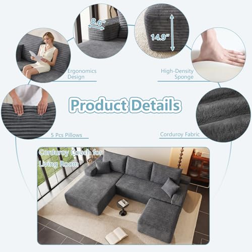 Image of 95 inch Cloud Sectional Couch with Ottoman,Modern U-Shaped Cloud Couch with Deep Seat,Comfy Corduroy Sofa,Memory Foam Sofa for Living Room,No Assembly (Dark Gray,Left-Facing Chaise)