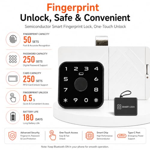 Image of CBK Smart Cabinet Lock with Fingerprint, RFID Card, PIN & App Control | Bluetooth Wardrobe Lock for Wooden Drawer, Cupboard, Office Cabinet (1 Year Warranty)