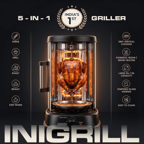 Image of Homerk Inigrill Griller for Home Kitchen Electric| Tandoor, BBQ, Mini Shawarma Machine| Indoor Chicken Vertical Rotisserie|7 Kebab Skewer, Fish Basket, Drip Tray with Door
