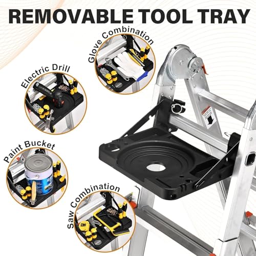 HBTower A Frame 5 Step Extension Ladder, 19 Ft Multi Position Ladder with Removable Tool Tray and Stabilizer Bar, 330 lbs Capacity Telescoping La dder for Household and Outdoor Work (Orange, 19FT) - Thumbnail 5