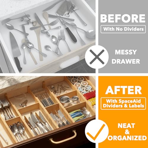 SpaceAid Bamboo Drawer Dividers with Inserts and Labels, Kitchen Adjustable Drawer Organizers, Expandable Organization for Home, Office, Dressers, 7 Dividers with 15 Inserts (17"-22" Natural) thumbnail 2