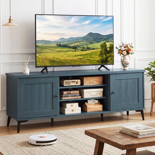 Giantex 2-Door TV Stand for TVs up to 65 Mid Century Modern Entertainment Center with 2 Storage Cabinets & 4 Adjustable Shelves 6 Metal Legs Media TV Console Table for Living Room (Teal Blue)