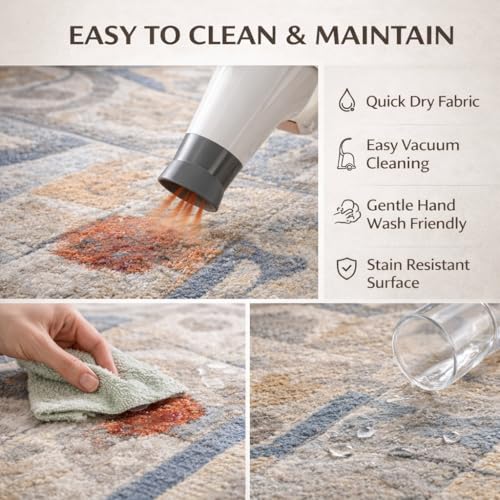 Image of Matz&More Tiles Earth Rug | 100x150 CM | Beige Pastel | Soft Nylon Loop Pile with Anti-Slip Gel Backing | Living Room, Bedroom & Office Floor Carpet