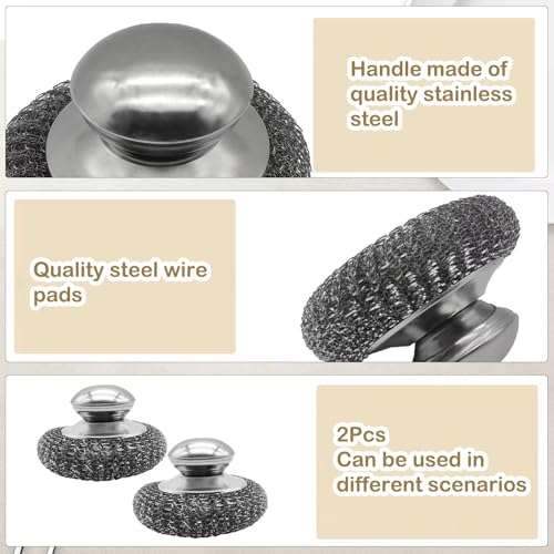 Image of Stainless Steel Wool Scrubbers Metal Sponge Scrubber for Cleaning Dishes, Pans, Pots, Ovens, Grills, Sinks Steel Wool Brush with Handle for Kitchen 2Pcs