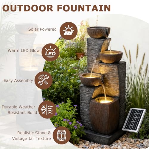 Image of 38.2 inch Tall Solar Water Fountain Outdoor Garden with LED Lights | 4 Tiers Modern Cascading Bowls and Stacked Stones Solar Powered Fountains for Patio, Deck, Porch, Backyard, Lawns