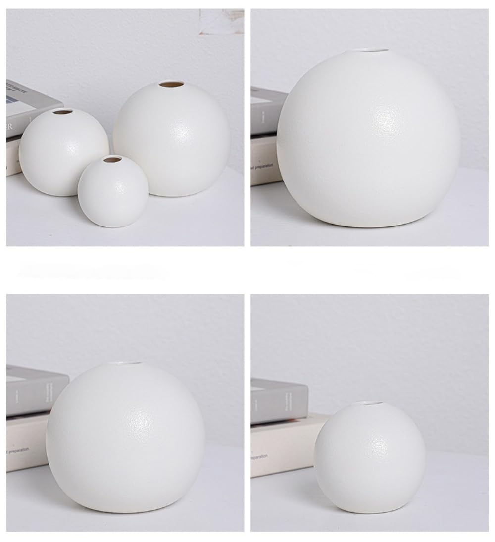Keramik Kugelvase rund Vase 3er Set minimalistisch Blumenvase für Pampasgras Trockenblumen Tischdeko Wohnzimmer Esstisch Büro Innenbereich Moderne Dekoration Geschenkidee,Weiß