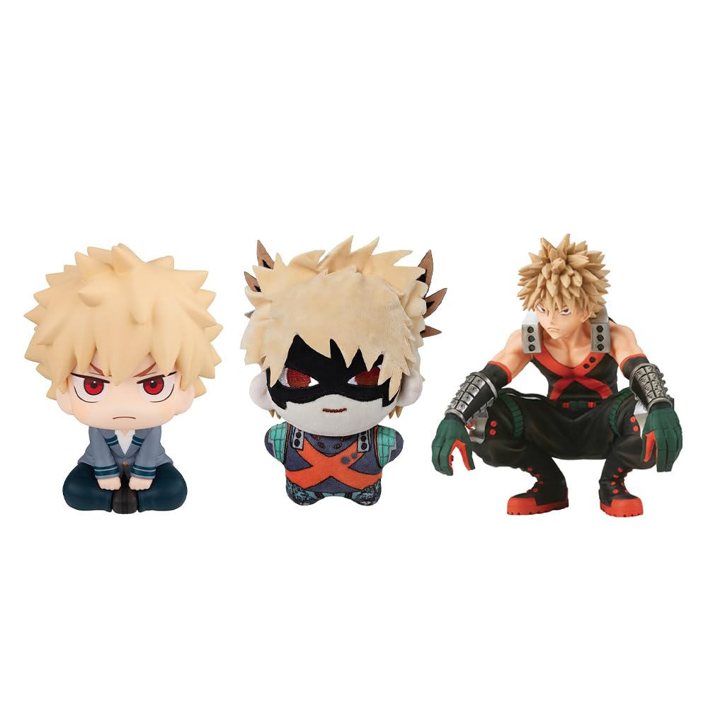 Xinchangda 3PCS MHA Bakugou Katsuki Figure Anime Bakugou Katsuki Plush Figure MHA Anime Figurine and Plush Keychain Combination Set Collectibles Decorations Gifts for Fans