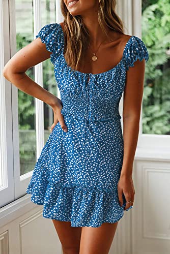 Image of Valphsio Womens Smocked Dress Ruffle Floral Tie Front Boho Short Dresses