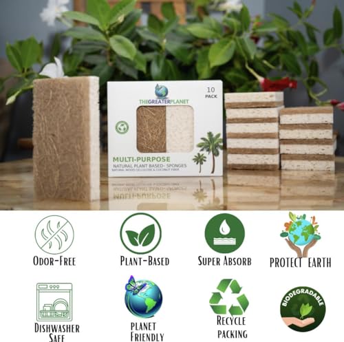 Image of THE GREATER PLANET- Natural Kitchen Sponges, Eco Friendly Cleaning sponges-Multipurpose Wood Cellulose Scrub sponges-10 Pack Biodegradable Organic Kitchen Dish Sponge Cleaning Earth Friendly Sponge.