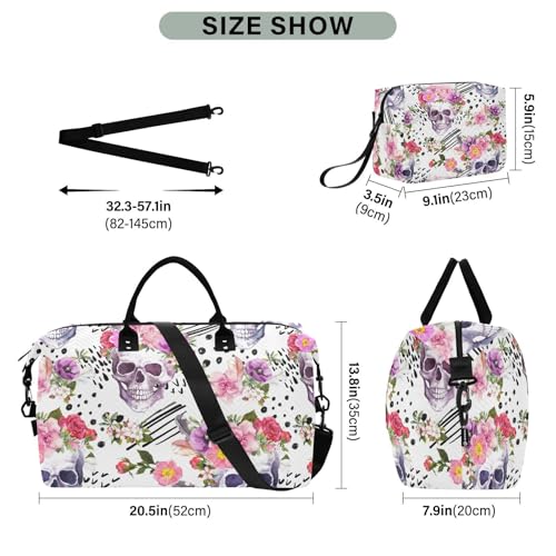OTVEE Skulls with Pink Flowers Travel Gym Duffel Bag Quilted Weekender Bags Carry on Overnight Tote Bag for Women Men3